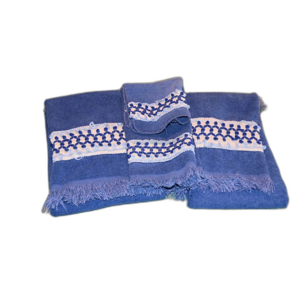 Vintage Cannon Blue Bath Towel Set Cotton Terry Fringe Geometric Trim 60s 70s